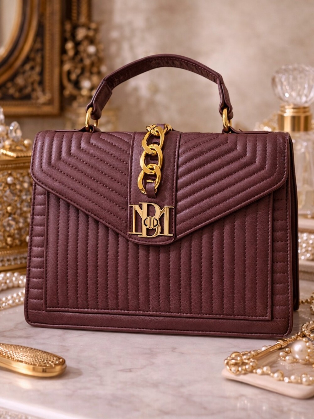 Badgely Mischka Elegant Burgundy Quilted Top-Handle Bag - NWT